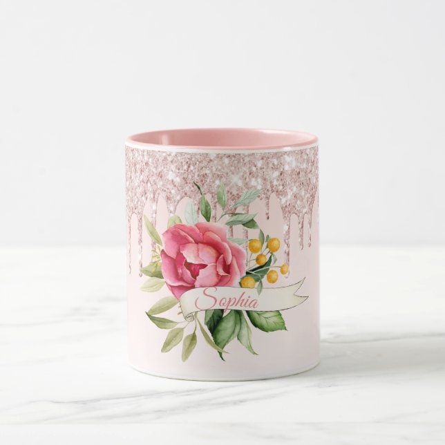 Taza Flores de oro rosa rosado nombre de monograma vint (Centro)