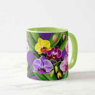 Taza Flores de orquídea azules rosadas amarillas lilas