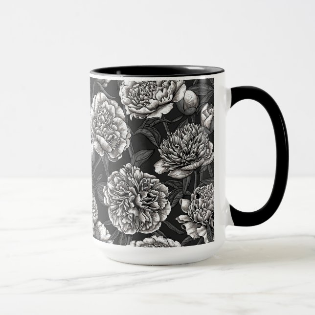 Taza Flores de peonía blanca en gris oscuro (Derecha)