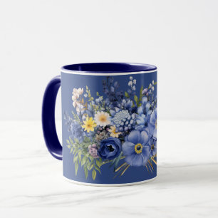 Taza Flores de primavera, fondo azul oscuro,