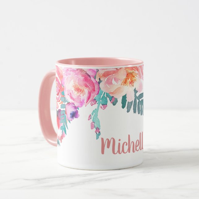 Taza Flores de rosa ondulada elegante nombre personaliz (Anverso izquierdo)