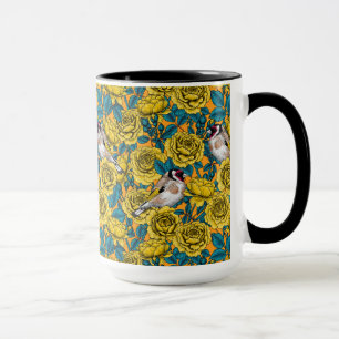 Taza flores de Rosa y pájaros dorados