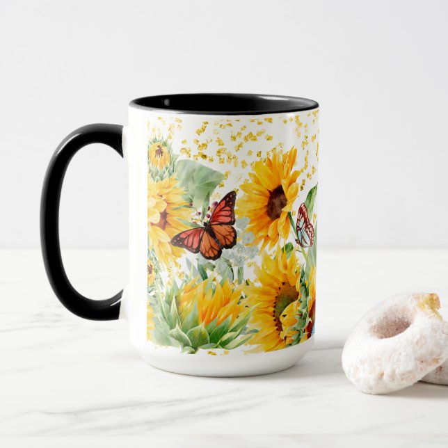 Taza Flores de sol y mariposas monarcas (Con donut)