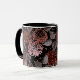 Taza Flores de terracota con hojas grises sobre un negr