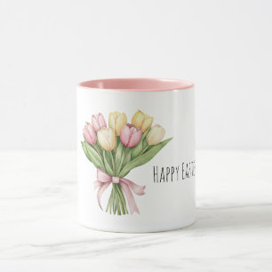 Taza Flores de tulipán amarillas rosadas de Pascua