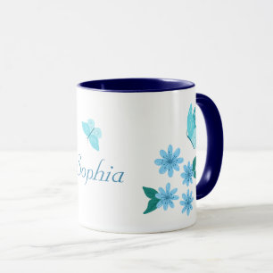 Taza Flores De Verano Azul Bellas Mariposas Floral