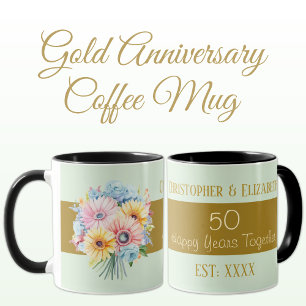Taza flores del 50 aniversario de oro nombres verde