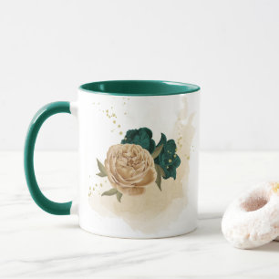 Taza flores esmeralda verde y beige dorado
