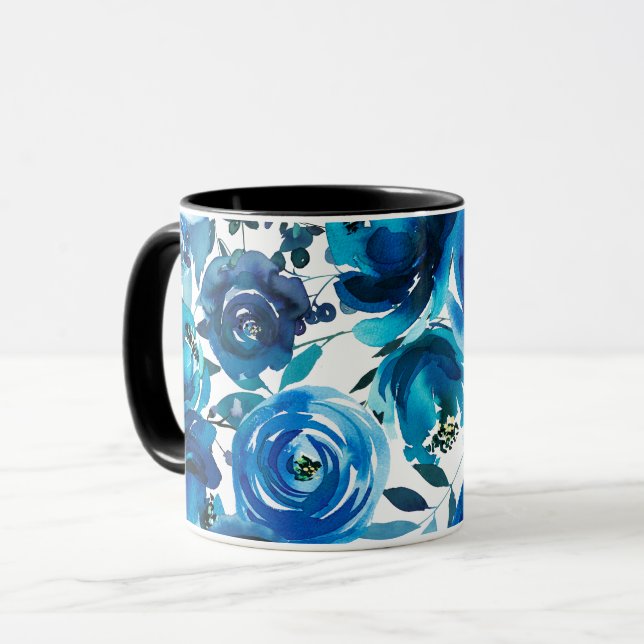 Taza Flores florales azules índigo elegantes Shabby Chi (Anverso izquierdo)
