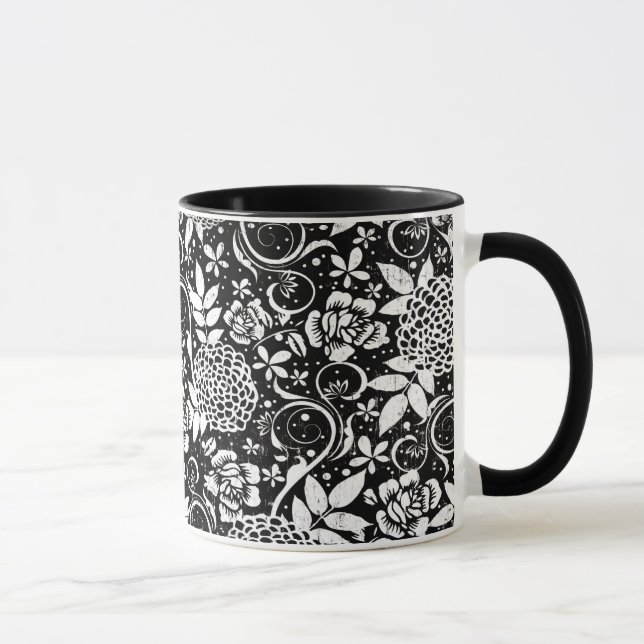Taza Flores florales blancas y negras (Derecha)