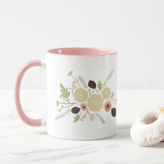 Taza Flores florales de Peach Green Cute Motif (Con donut)