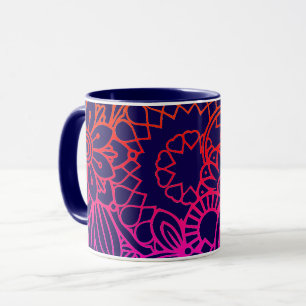 Taza Flores naranjas moradas y fondo azul marino  