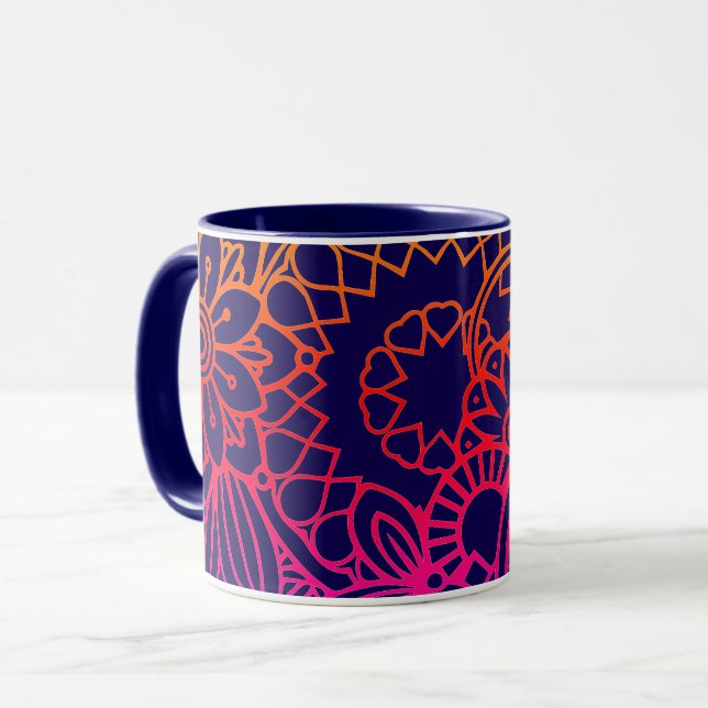 Taza Flores naranjas moradas y fondo azul marino   (Anverso izquierdo)