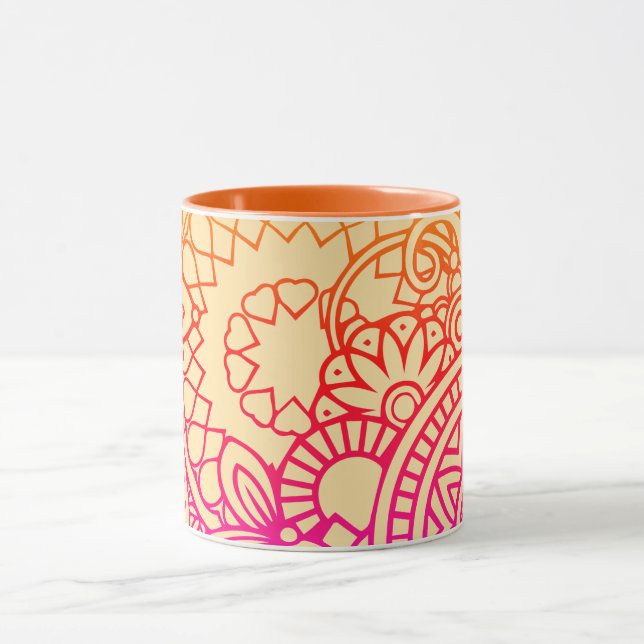 Taza Flores naranjas moradas y fondo suave melocotón (Centro)