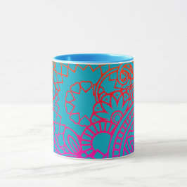 Taza Flores naranjas púrpuras y fondo azul