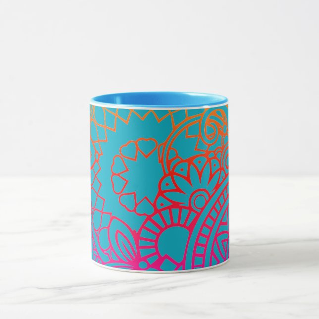 Taza Flores naranjas púrpuras y fondo azul (Centro)