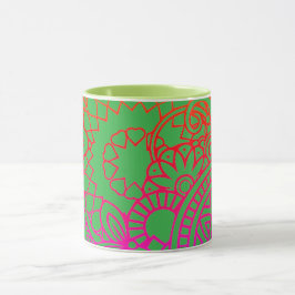 Taza Flores naranjas púrpuras y fondo verde claro