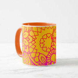 Taza Flores naranjas y púrpuras y fondo amarillo