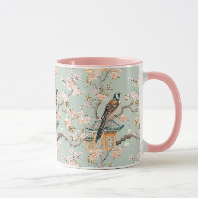 Taza Flores Pastel Oriental de aves y frutas (Derecha)