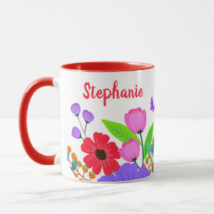 Taza Flores Púrpuras Rojas Elegantes Y Mariposa