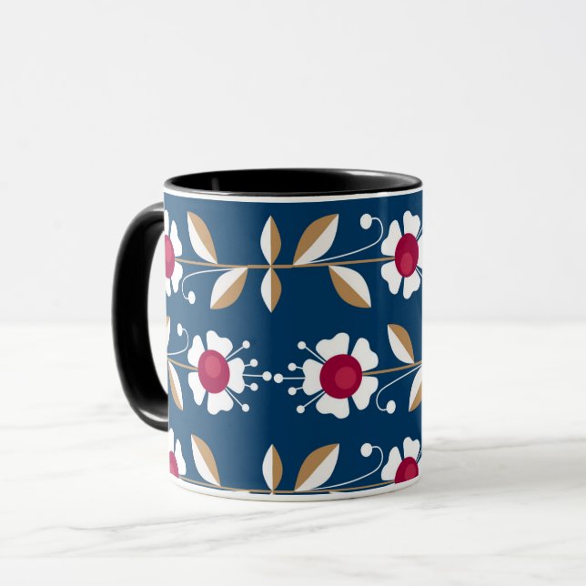 Taza Flores retro blancas en un fondo azul oscuro (Anverso izquierdo)