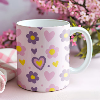 Taza Flores Retro Corazones Patrón Rosa, Morado, Amaril