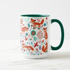 Taza Flores Retro Cute Patrón Pájaros y zorros rojos
