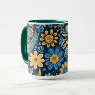 Taza Flores retro hippie vintage diseño azul amarillo