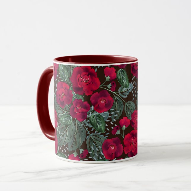 Taza Flores rojas, acuarela floral. (Anverso izquierdo)