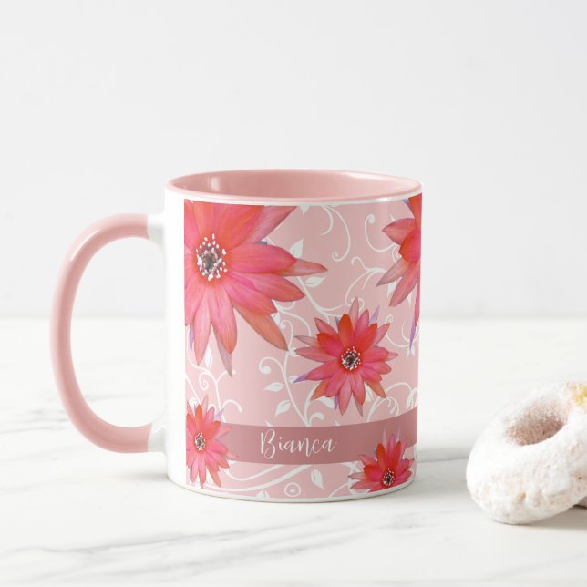 Taza Flores Rojas Caprichosas Hojas Enrolladas Agregar  (Con donut)
