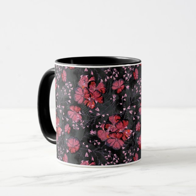 Taza Flores rojas en un fondo negro-gris. (Anverso izquierdo)