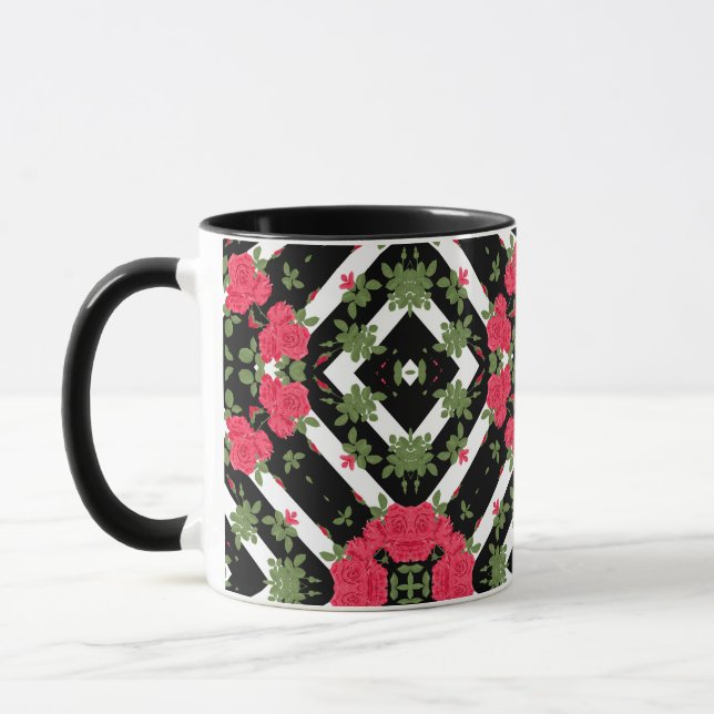 Taza Flores rojas florales caleidoscópicas blanco negro (Izquierda)
