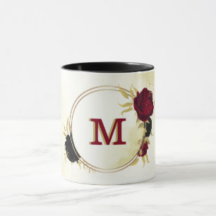 Taza flores rojas negras hojas de oro