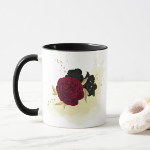 Taza flores rojas negras hojas doradas