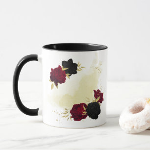 Taza flores rojas negras hojas doradas