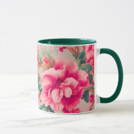 Taza Flores rosa brillante refinadas y elegantes, hojas
