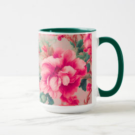 Taza Flores rosa brillante refinadas y elegantes, hojas