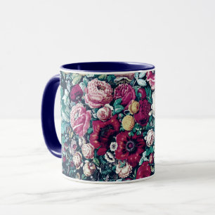Taza Flores Rosa Magenta Verde Azul Turquesa Peonía y R