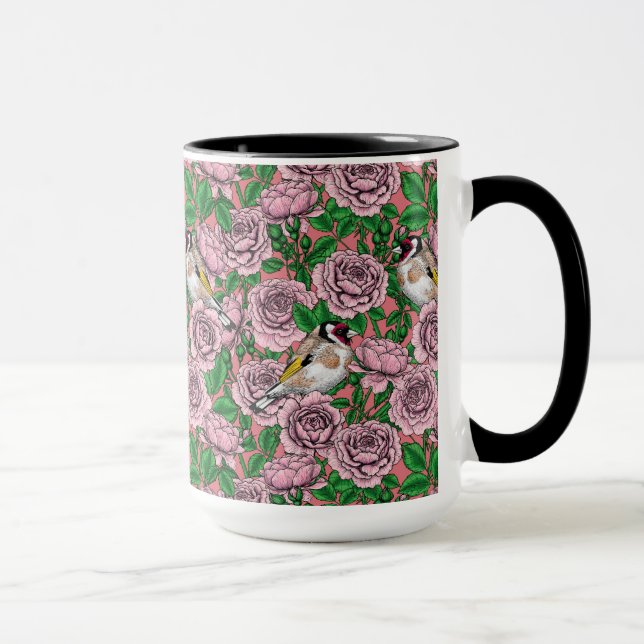 Taza Flores rosa y pájaros dorados (Derecha)