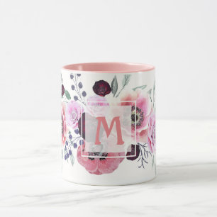 Taza Flores rosadas de color burdeos a la acuarela
