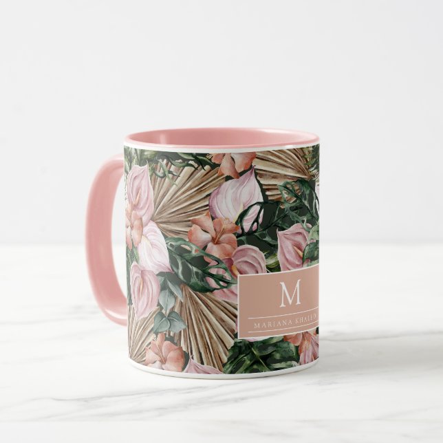 Taza Flores rosadas rosadas de Peache tropicales dejan  (Anverso izquierdo)