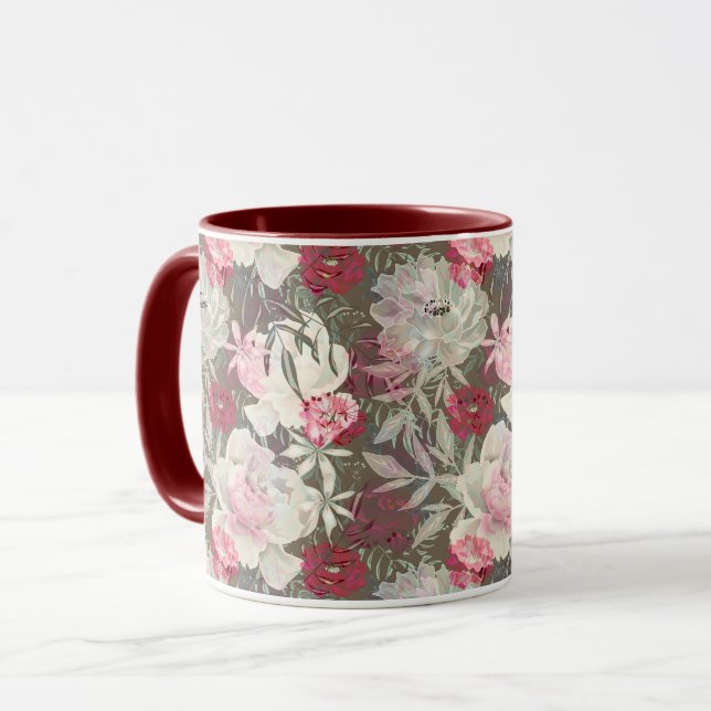 Taza Flores rosadas rosadas de peonis ramo de jardín (Anverso izquierdo)