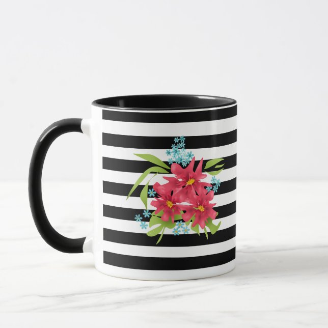 Taza Flores rosadas sin costuras florales negras rayas  (Izquierda)