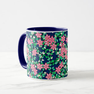 Taza Flores rosas, fondo azul oscuro