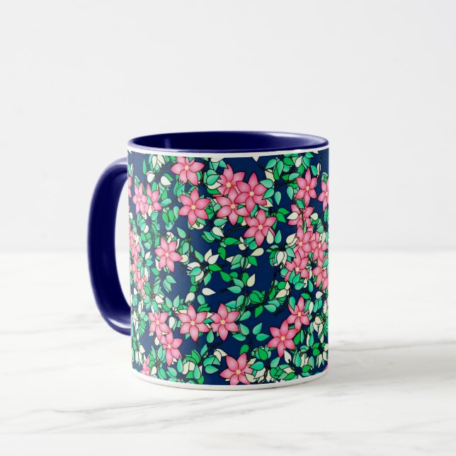 Taza Flores rosas, fondo azul oscuro (Anverso izquierdo)