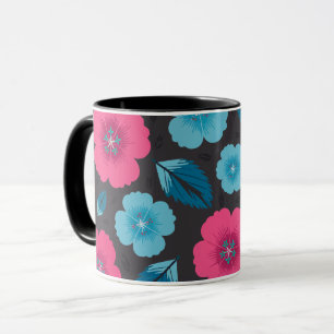 Taza Flores rosas y azules sobre fondo oscuro