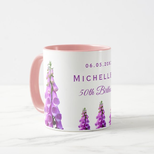 Taza Flores silvestres de cumpleaños morada rosa (Anverso izquierdo)
