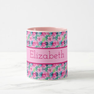Taza Flores Tropicales Rosa Verde Azul Monograma 