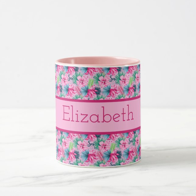 Taza Flores Tropicales Rosa Verde Azul Monograma  (Centro)