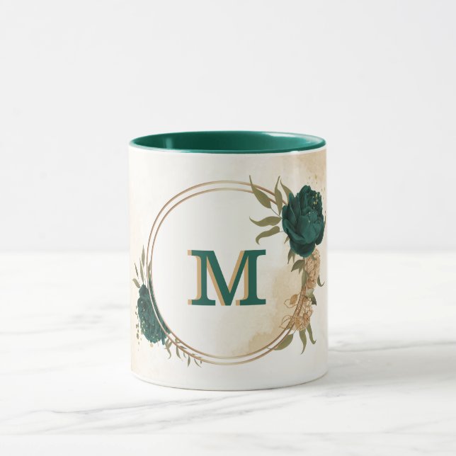 Taza flores verde esmeralda y dorado beige (Centro)